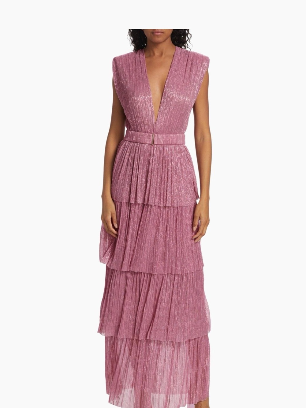 Sabina Musayev Antique Tose Pink Tiered V-Neck Evening Dress